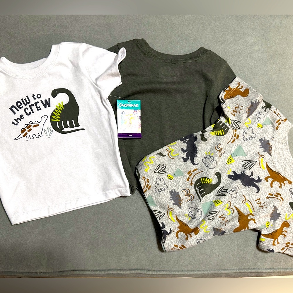 Garanimals boys 12 months dinosaur themed short sleeve t-shirts. Set of 3 - Picture 1 of 6